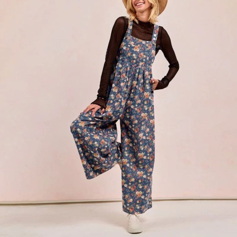 

Женский комбинезон-ромпер из денима с длинными брюками на бретелях, с высокой талией, в стиле Y2K, уличный, с цветочным принтом, 2026