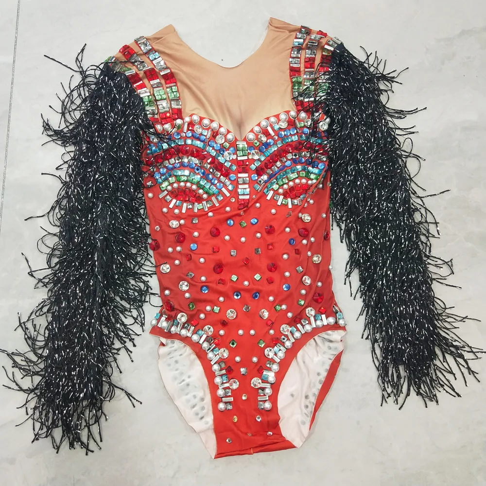 

Красочный боди с бахромой и стразами для выступлений, сексуальный сценический костюм для певиц, леотард с кристаллами для ночных клубов
