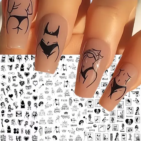 1 pçs 3d sexy menina adesivos de unhas preto e branco amor decoração da arte do prego adesivo dly floral design de luxo para mulheres decalques de unhas
