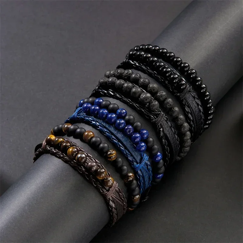 Fashion Male Natural Stone Leather Bracelet Friendship Twist Woven Bracelet For Men High Quality Adjustable Vintage Punk Jewelry