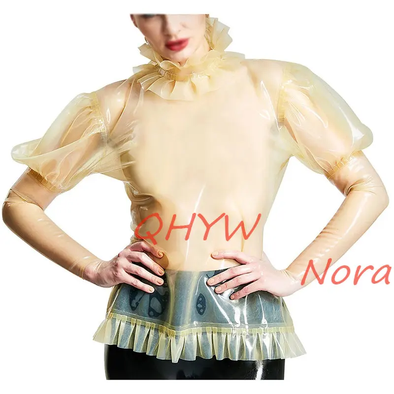 

Sexy Latex Top with RufflesTransparent with Back Zip Long Puff Sleeves Rubber Nightgown Top for Women