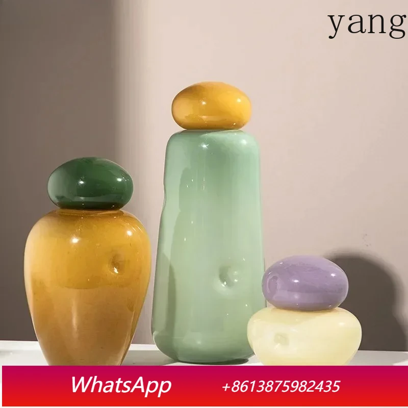 Elliptical Colored Stone Glass Vase with Cover Desk Decoration Flower Arrangement Flower Pots Floral Vases Room Aesthetic Decor