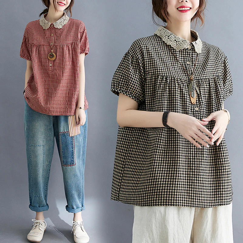 

Женский клетчатый топ больших размеров с кружевным воротником ort Sve, повседневный летний топ из смеси хлопка и льна на пуговицах