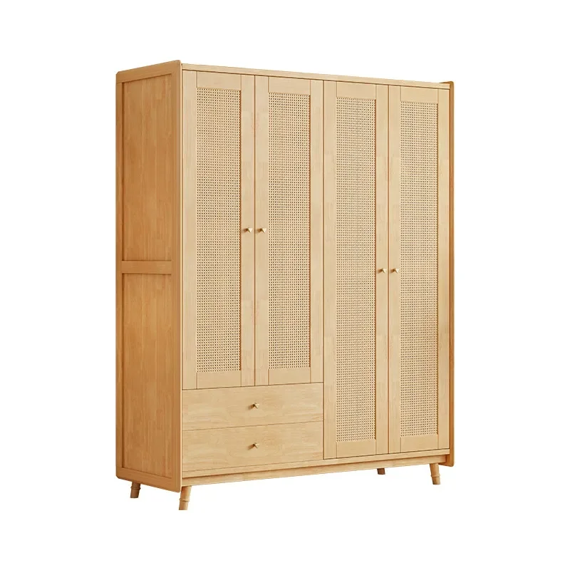 Nordic Solid Wood Wardrobe Rattan Japanese Style 3 4 Door Open Closet Retro Bedroom Storage Cabinet for Small Apartment Home