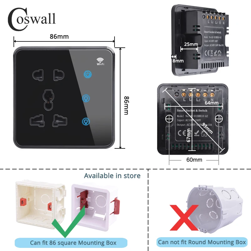 Coswall Glass Panel ZIGBEE / WIFI Tuya Universal Socket +2 Gang On/Off Touch Switch With One-Key Main Switch