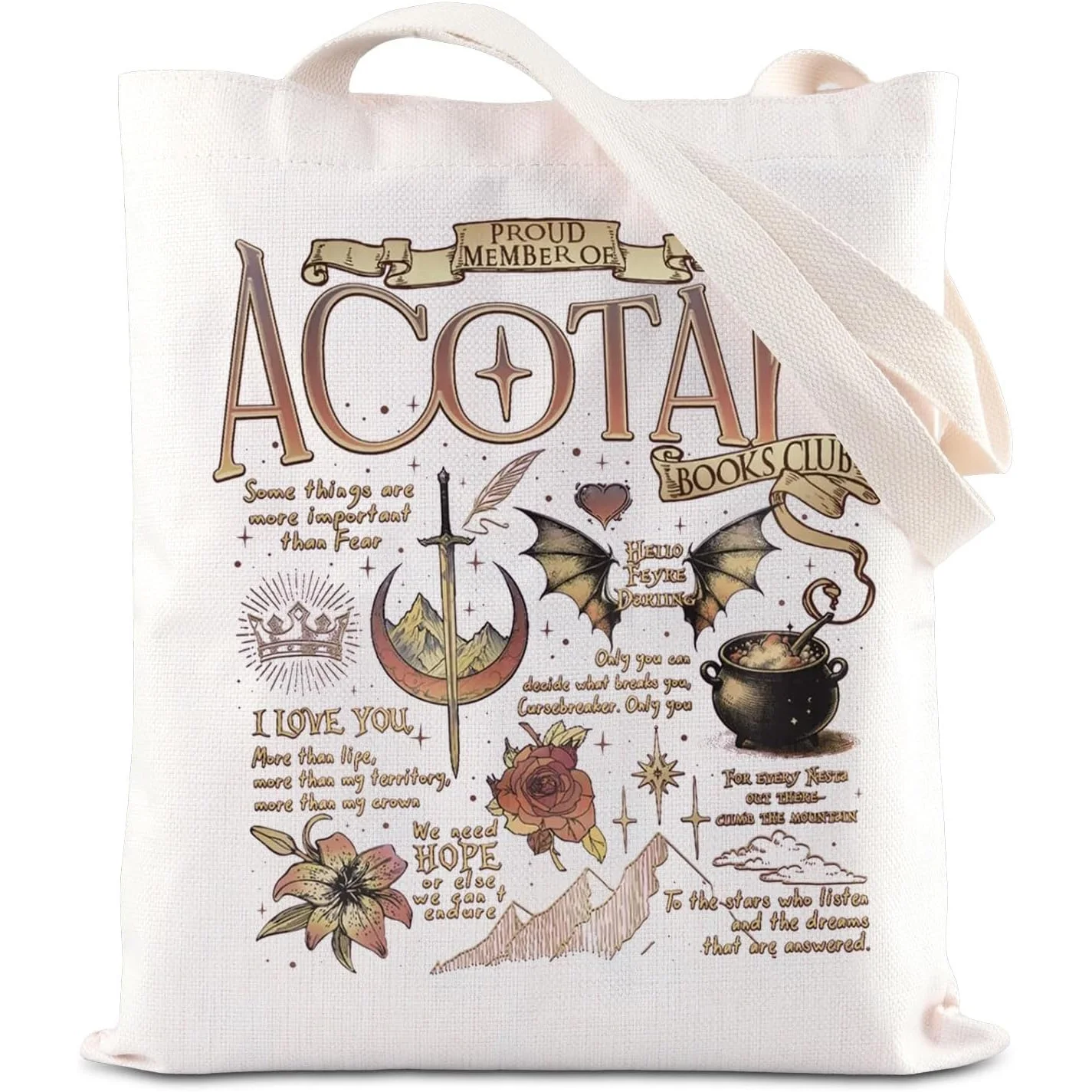 1pc ACOTAR Merch Tote Bag Compatible for SJM Book Club - Velaris Night Court Fantasy Novelty Bag with House Sigils, Fae Creature