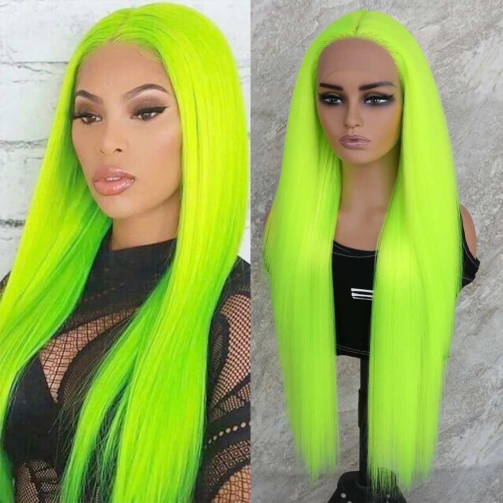 Apolaurel Synthetic Fluorescent Green T Lace Front Wigs Long Straight Hair Bright Yellow Neon Green Wig Synthetic Lace Front Wig