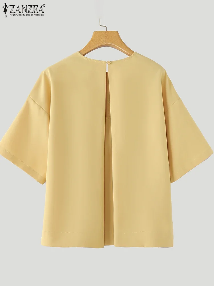 ZANZEA 2025 été femmes couleur unie T-shirt mode vacances été Blouse décontracté ample à manches courtes hauts dos nu tuniques Blusas