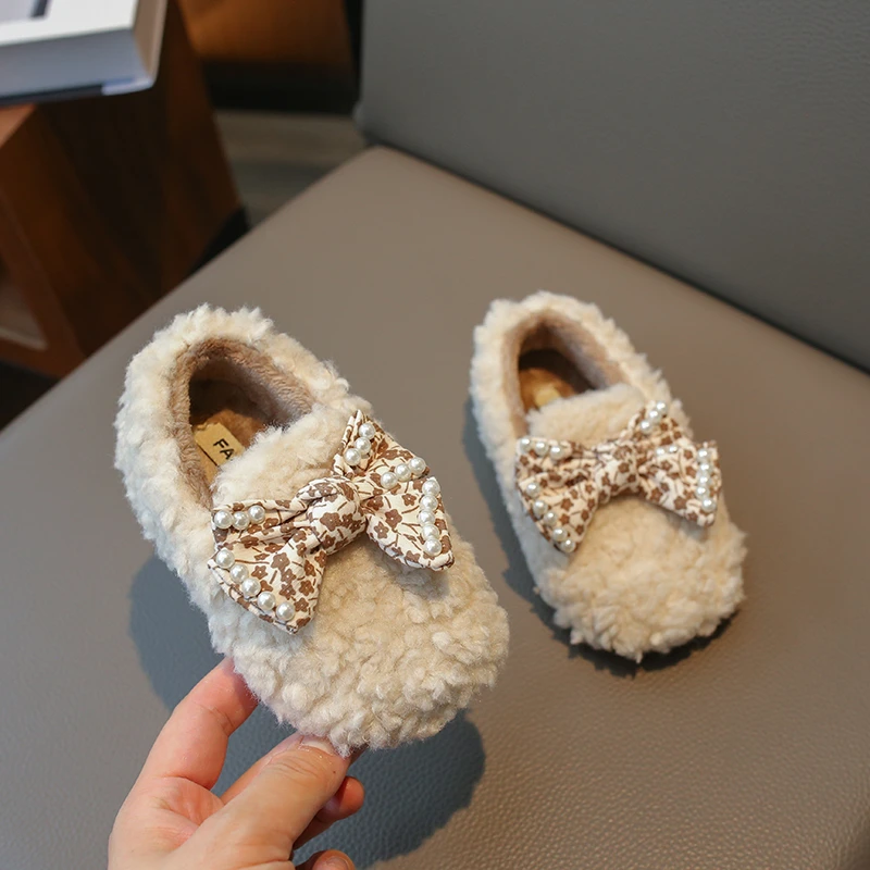 2023 Spring and Autumn Bow Floral Print Girls Cotton Shoes Plush Warm Pearls Children Fashion Shoes French Style Kids Flats New