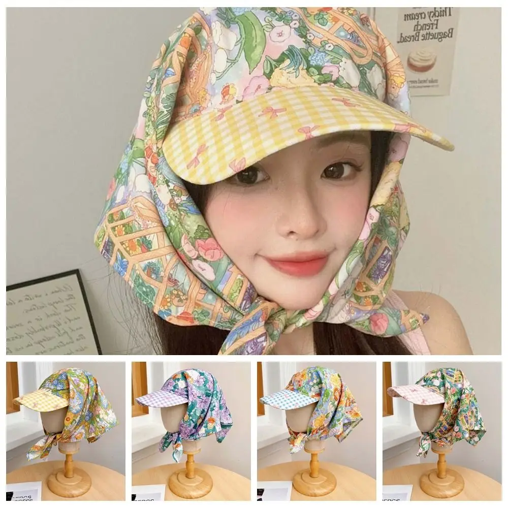 

Fashion Rural Style Headscarf Baseball Hat Floral Plaid Triangle Headscarf Hat Cotton Bow Scarf Peaked Cap Mountaineering