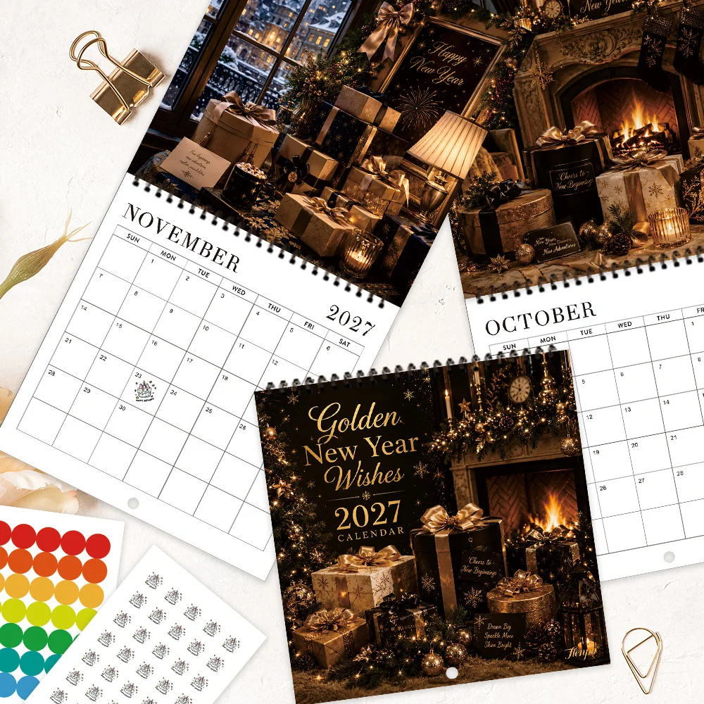 1pc 2027 Black & Gold Christmas Wall Calendar,12‑Month Planner,Gift For Back‑to‑School,Christmas,New Year,Free Stickers Included