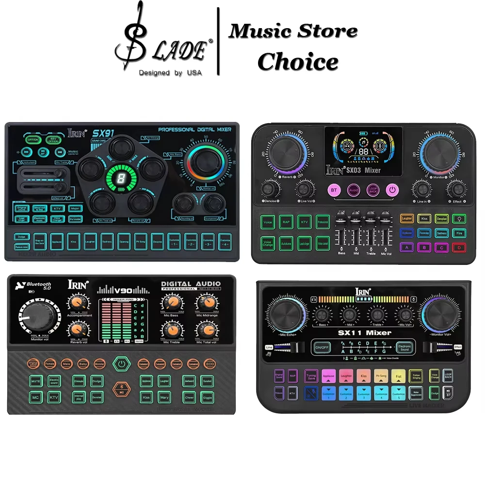 Sound Card Audio Interface Bluetooth Mixer Board with Sound Effect LED Lights for PC Phone Live Streaming Podcast Game Recording