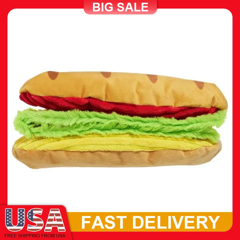 

Big Bite Hoagie Sandwich Dog Toy with Squeaker Crinkle Layers Unfolds 3 Feet Interactive Fetch Chew Toy for Puppies All Sizes