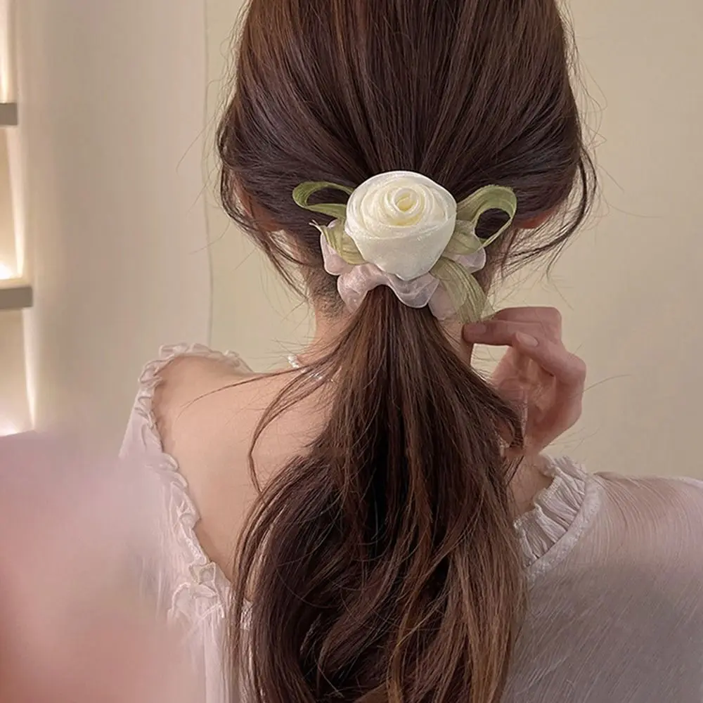 For Mesh Hair Band Hair Accessories Korean Style Hair Rope Rose Flower Hair Scrunchies Ponytail Holder Women Hair Ring