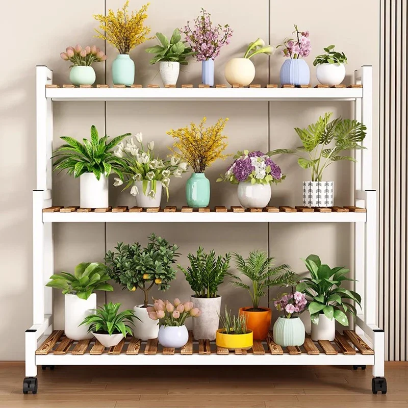 Flower Shelf 3-step Ladder Plant Shelves Balcony Living Room Solid Wood Iron Art Plant Shelves Patio Furniture Structure
