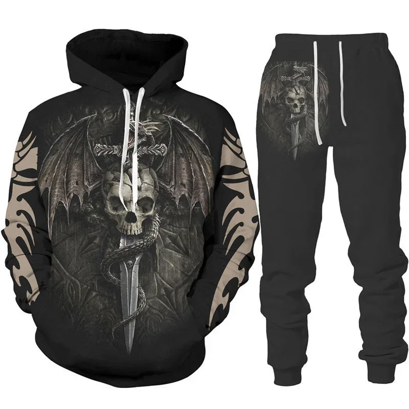 Men Punk Hoodie Suit Skull 3D Print Tracksuit/Pants Goth Skeletons Pullover Casual Streetwear Oversize Autumn Winter Hot-selling