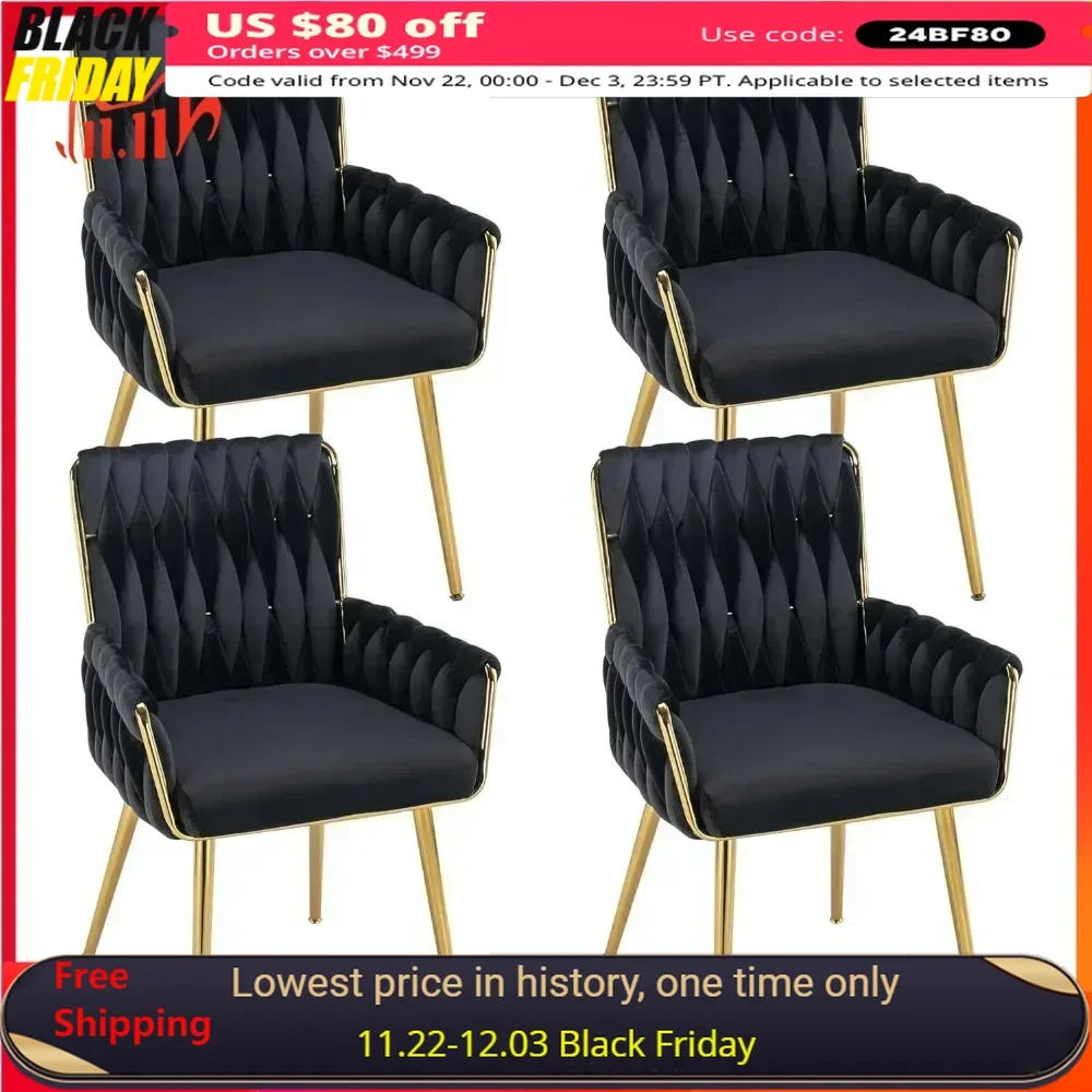 Velvet Dining Chairs Set of 4, Modern Hand Weaving Dining Room Chairs with Golden Metal Legs & Armrest, Dining Chairs