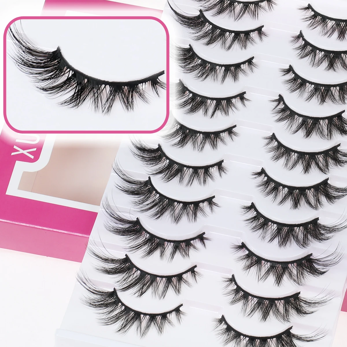 Xuanfeiwu ふわふわクラスターラッシュ、フルストリップ、外側の角に細く長く、前が短く後ろが長く、硬い茎付きの自然でリアルなつけまつげ、クロスクラスターラッシュ、濃密なフォックスアイラッシュ