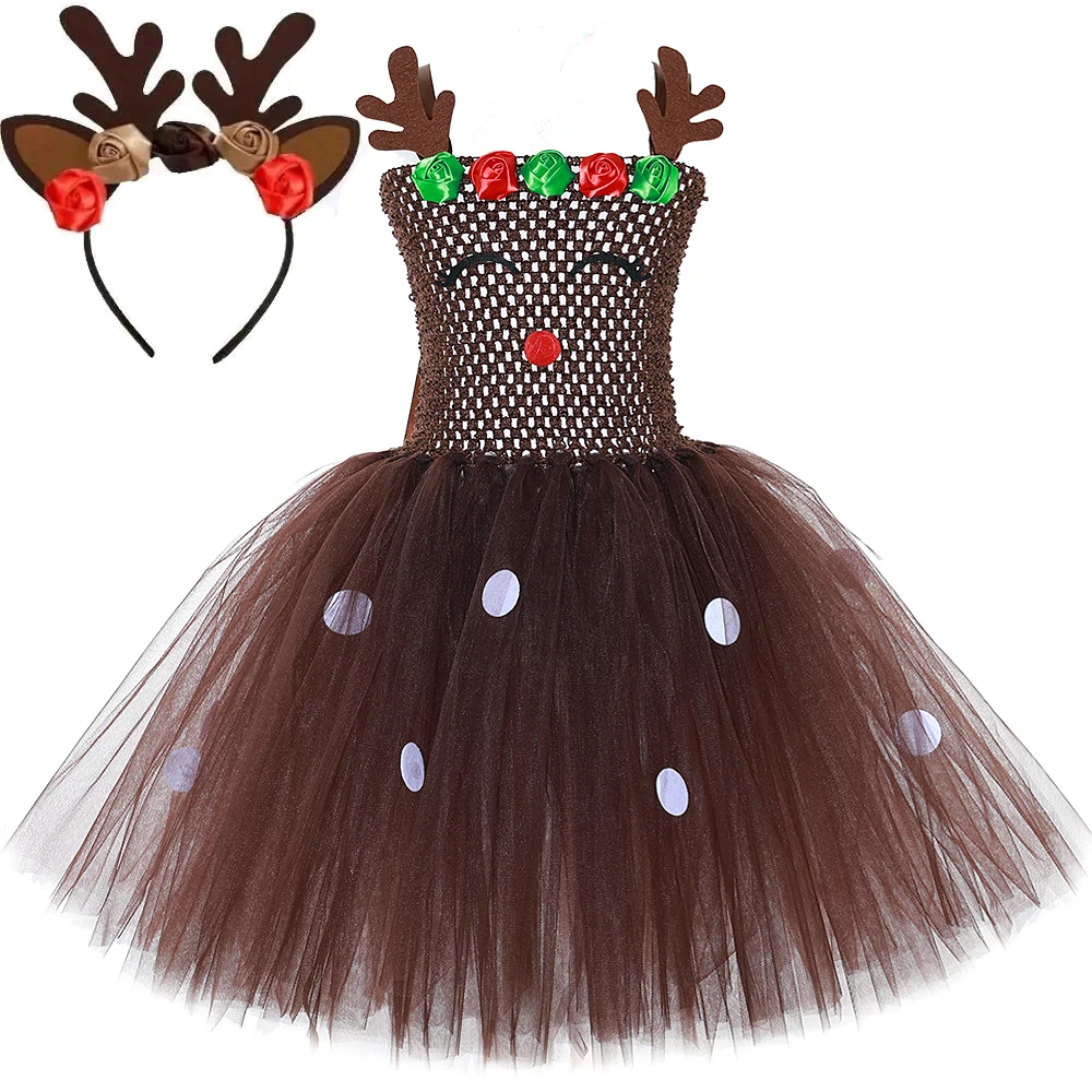 

Deep Brown Flower Deer Costumes for Baby Girls Christmas Carnival Tutu Dress for Kids Reindeer Ballet Tutus Outfit with Hairbow