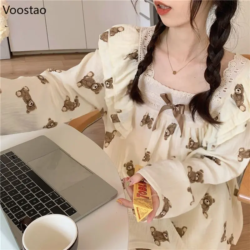 Bonito pijama feminino japonês doce quarto usar rendas babados kawaii urso impressão 2 peça conjunto primavera outono casual pijamas