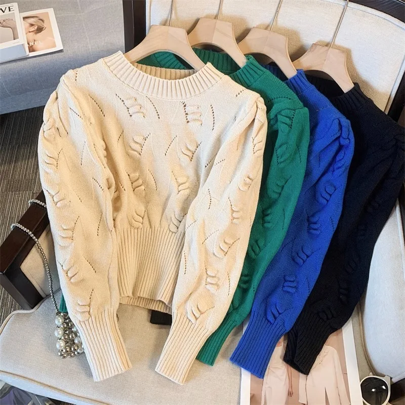 

2026 New Autumn Winter Women O-neck Long Sleeve Knitted Sweaters Hollow Out Knitwear Crochet Solid Color Short Pullover Tops