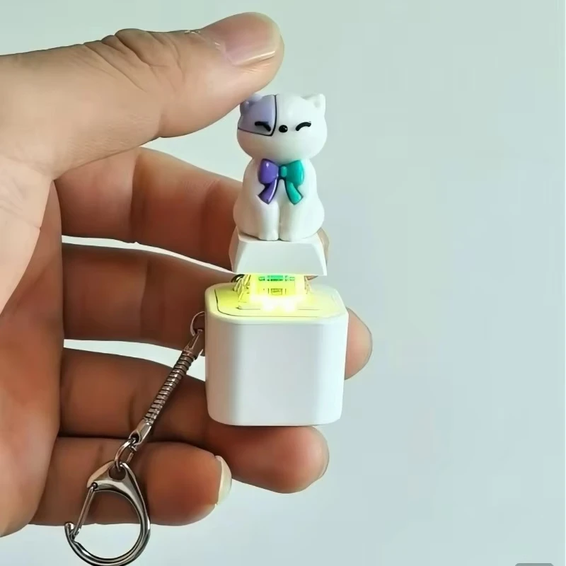 Cute Cat Voice Keyboard Keychains Rechargeable Decompression Sound Little Cat Clicker Fidget Keyring Luminous Electronic Pendant