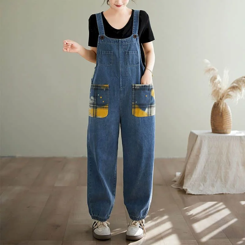 

Plaid Jumpsuits for Women Harem Pants Loose Overalls Korean Style Vintage Playsuits Casual Workwear Denim Trousers Women Clothes