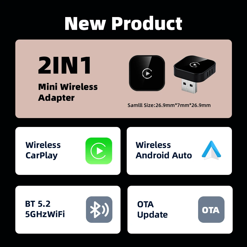 EKIY 2in1 Wireless CarPlay Adapter Wireless Android Auto Dongle AI Smart Box Car Intelligent Systems For Car With Wired CarPlay