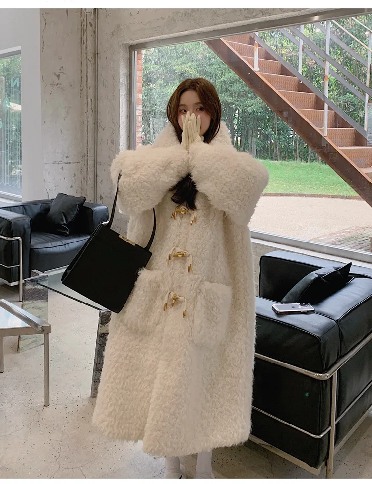 2025 Autumn Winter Jackets Women Faux Wool Fur Coats Y2k Long Overcoats Hooded Full Sleeves Single Horn Breasted Thick Loose