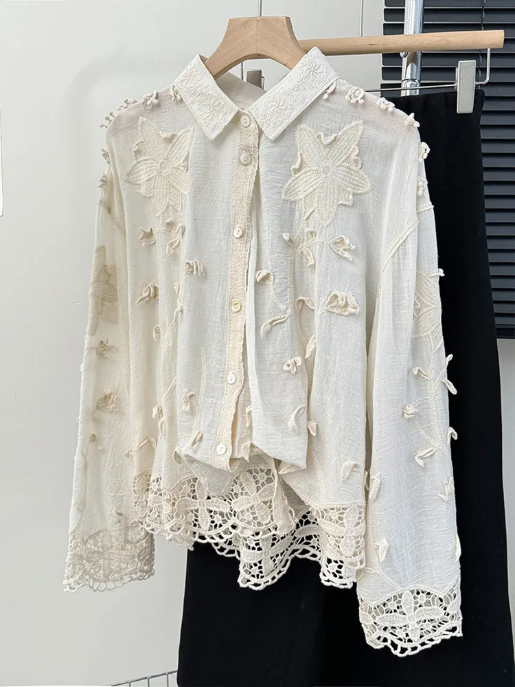 Korean style Embroidery Flower Blouse Women Clothing Temperament Shirts Blusas Mujer De Moda Hollow Out Loose Blouses Tops