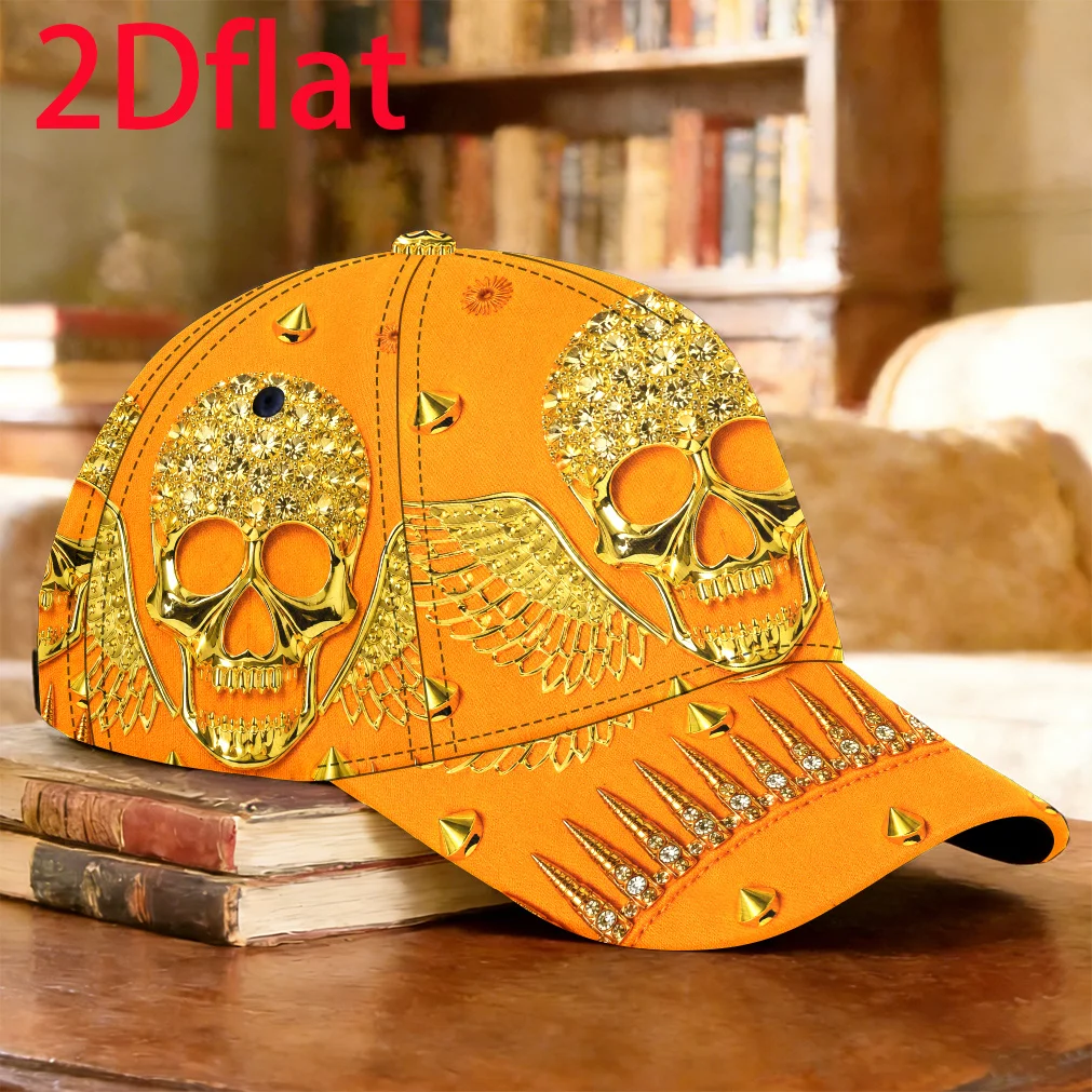 Customization 1pc 2D Flat Golden Winged Skull Pattern Baseball Cap Graduation Gift Skateboarding Golf Cap Fishing Vacation Breat