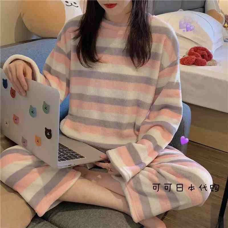 

Winter Women's Warm Home Clothes Sleepwear Ladies Flannel Thick Coral Fleece Cute Cartoon Pajamas Large Size Woolen Pijama 2pcs