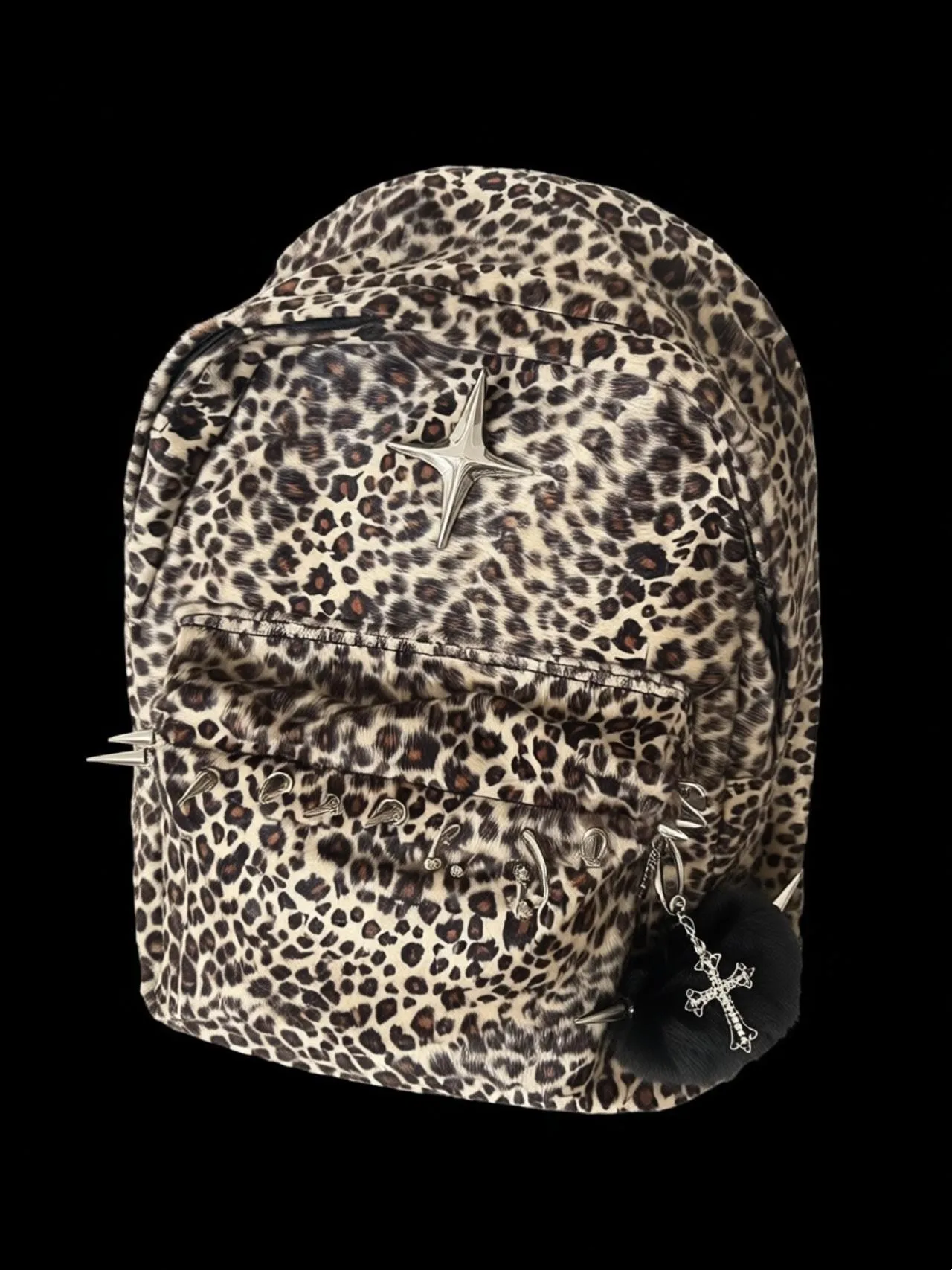 Large-Capacity Leopard Print Backpack Punk Rivet Detail Autumn Winter Shoulder Bag Trendy Cute Cool Design for Men Women