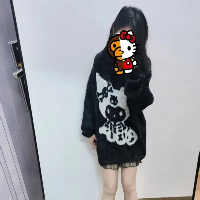 Sanrio Original Japanese Kuromi Sweet Cute Cartoon Black Jacquard Pullover Autumn/Winter Lady Loose Sweater Women Gothic Tops