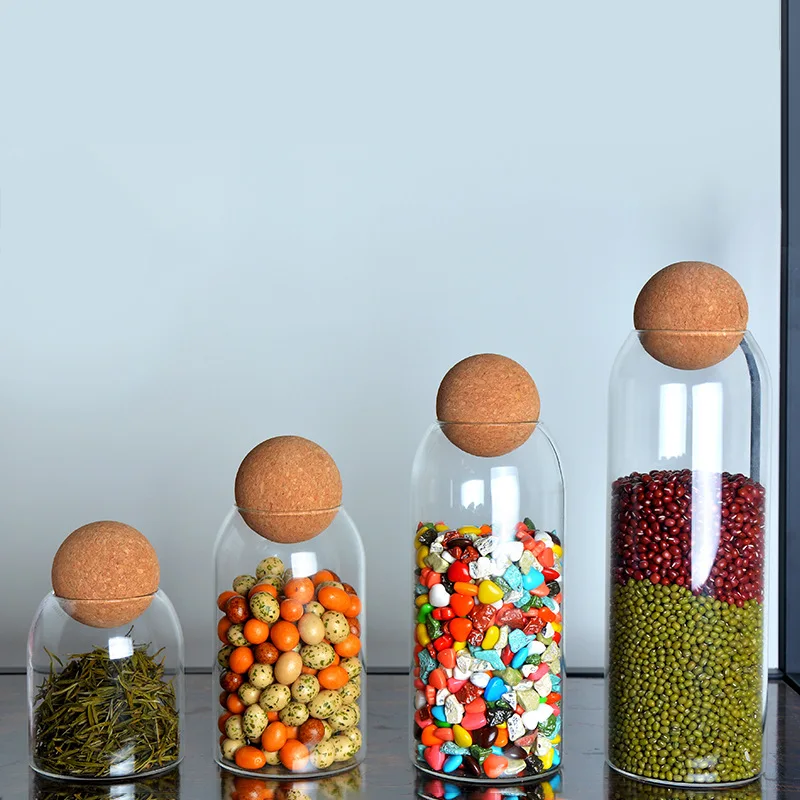 Open Ball Cork Lead-free Glass Jar with Lid Bottle Storage Tank Coffee Cereals Candy Bean Nut Transparent Kitchen storage jars