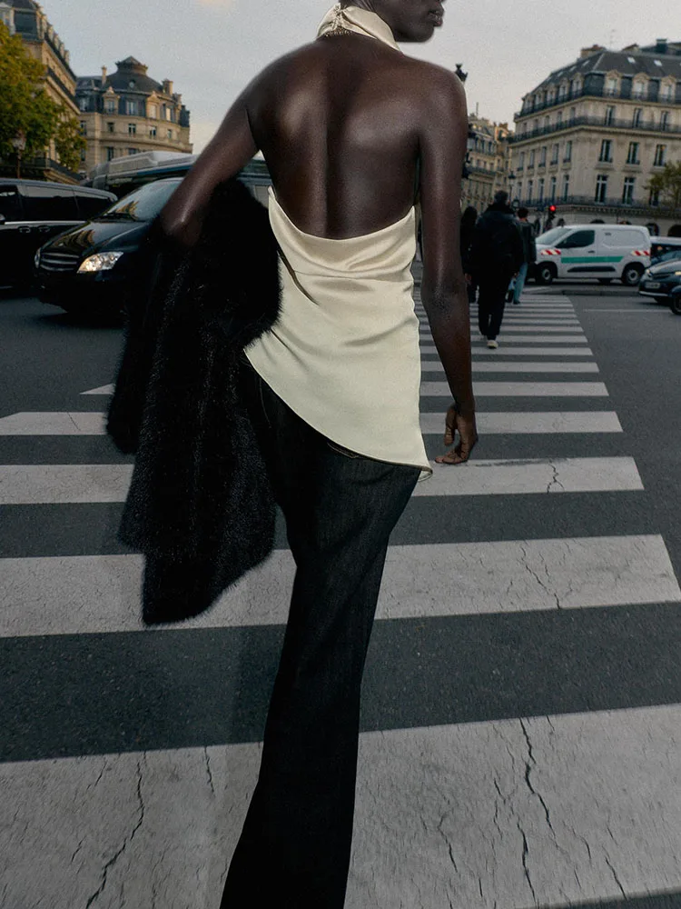 Outono nova chegada feminina faion assimétrico seda cetim sentir colarinho topo versátil ele palco wear étnico sle