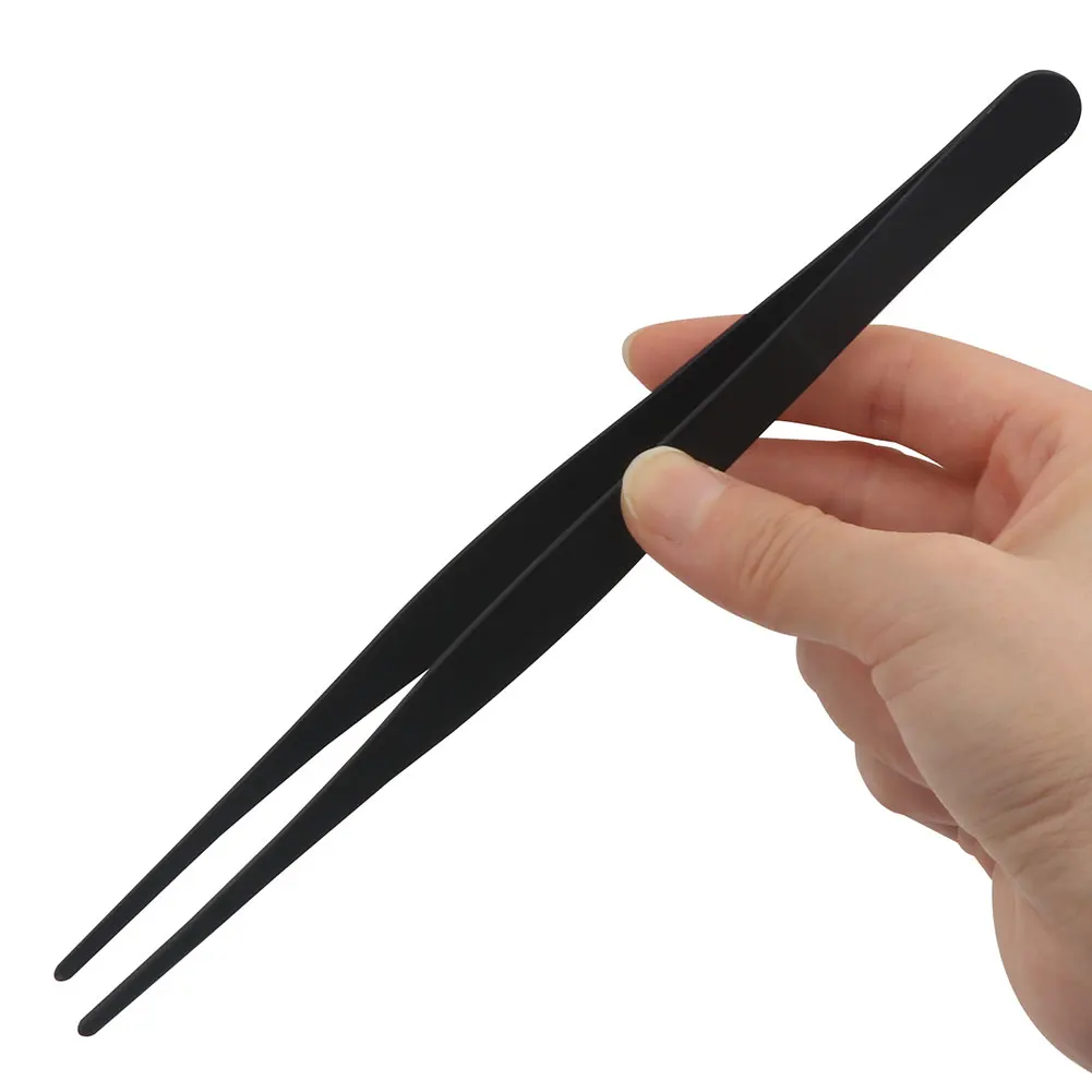 8 Inch Black Stainless Steel Straight Tweezers Tongs with Blunt Serrated Tip, Anti Static ESD Tweezers DIY Repair Tool