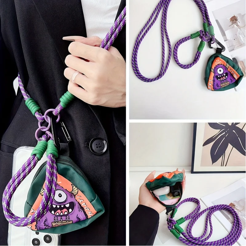 

3Set of Purple Monster Bags+Short Rope+Long Rope Climbing Travel Phone Lanyard Crossbody Pendant Couple Unisex Coin Purse Earpho