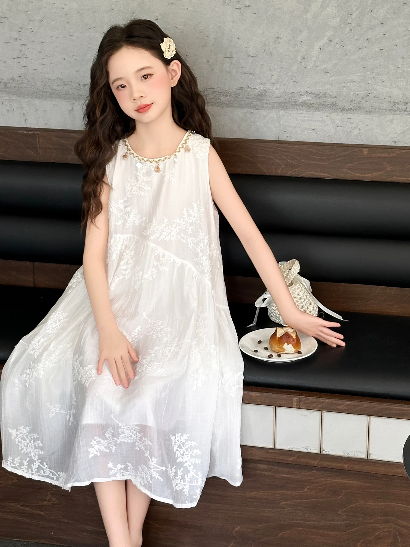 Vestido Sem Mangas para Meninas, Novo Estilo de Verão, Saia Princesa de Cintura Alta, Moda Infantil Coreana