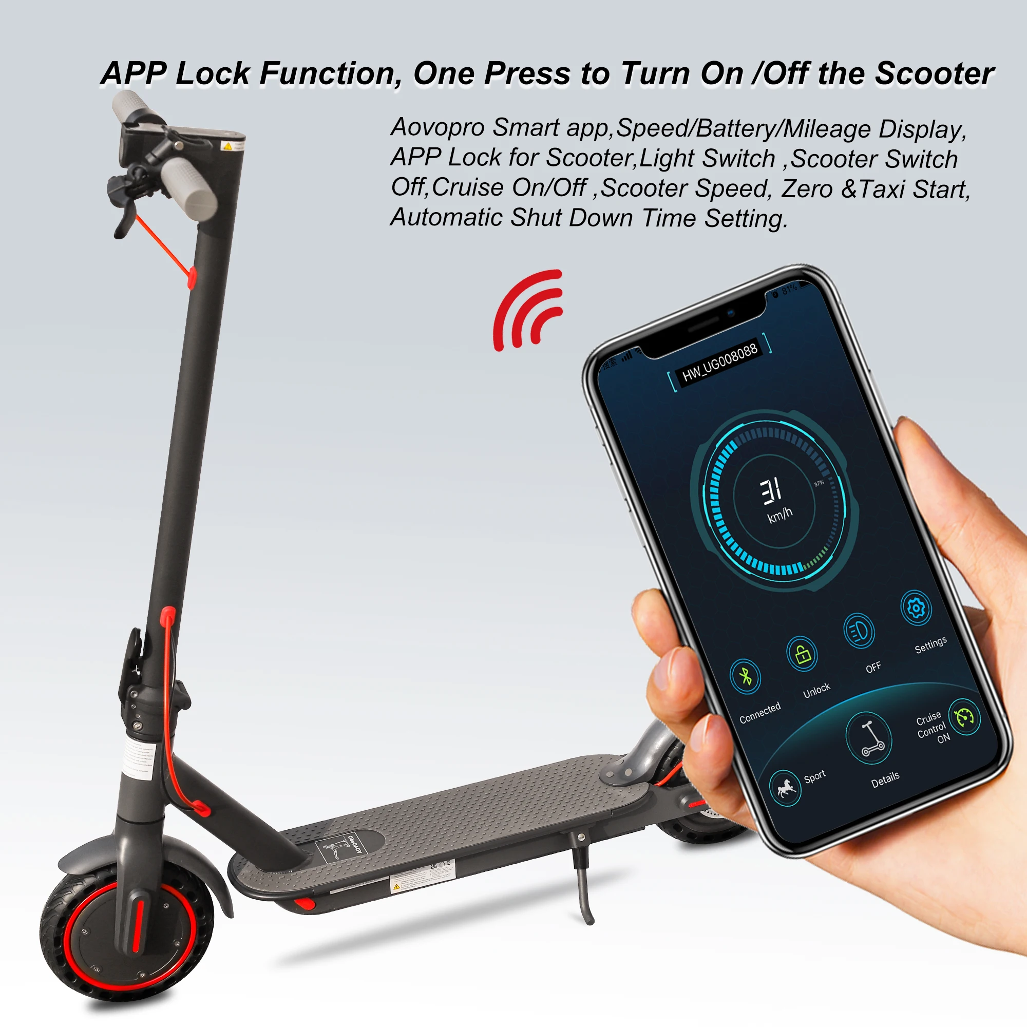 AOVOPRO New Upgraded Electric Scooter 350W 31km/h Adult APP Smart Scooter Shock-absorbing Anti-skid Folding Electric Scooter