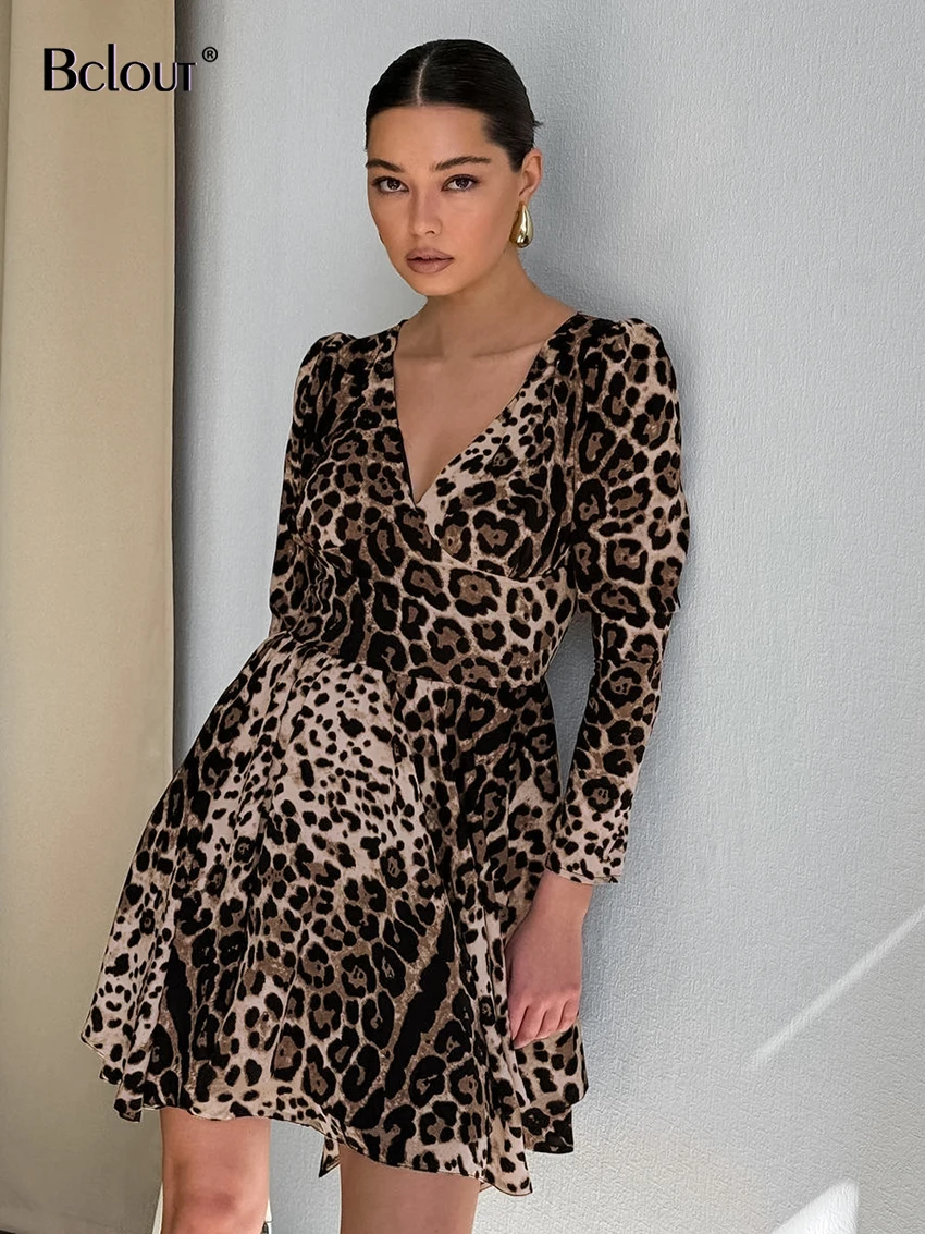 Bclout Fashion A-Line Leopard Dresses Women Casual V-Neck Long Sleeve Sexy Dress 2024 Summer High Waist Party Mini Dress Female