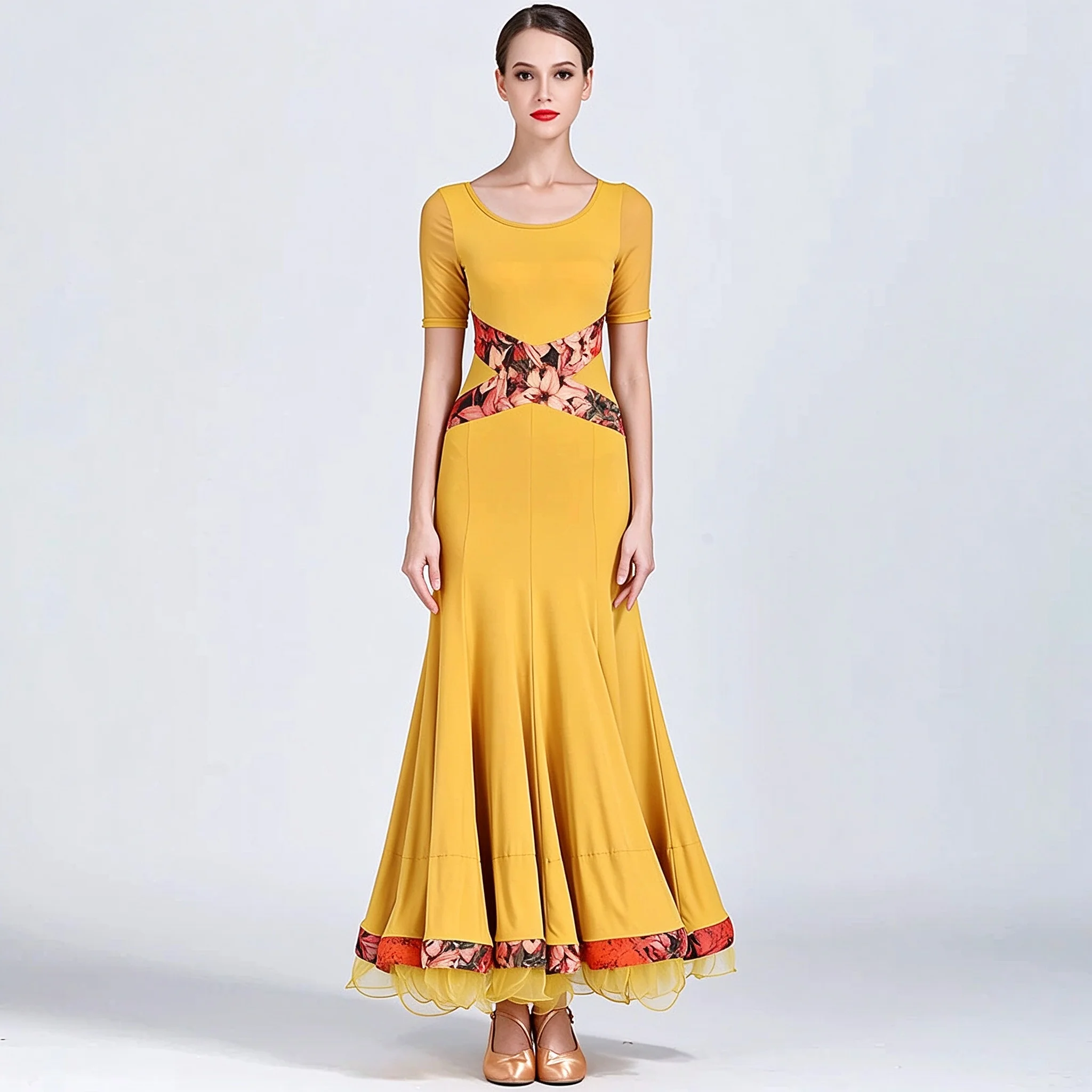Women Ballroom Dance Dress Contrast Color Mesh Mid Sleeve Cross Waist Modern Waltz Standard Competition Performance Long Gown