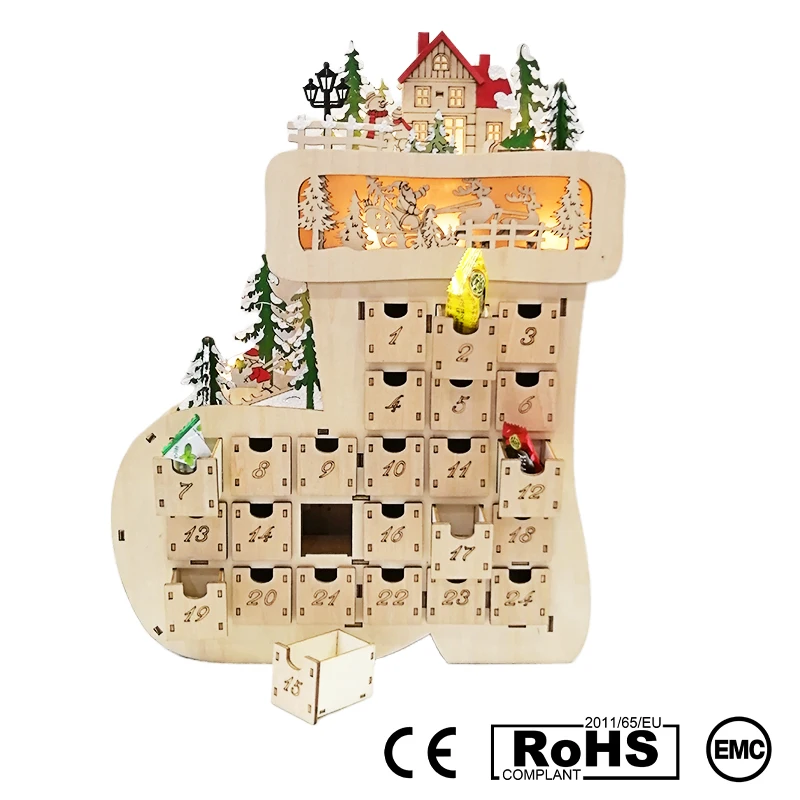 custom.Wooden Advent Calendar With 24 Drawers Wooden Laser Cut Scene and Light up