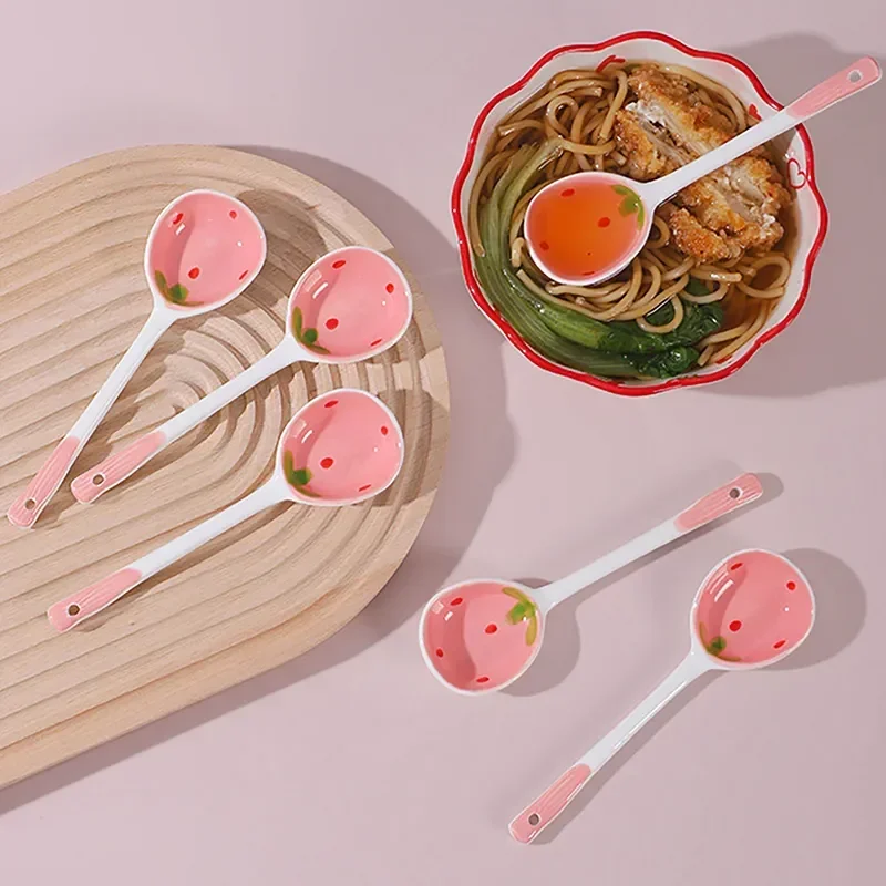 KEMORELA Strawberry Ceramic Soup Spoon Cute Korean Ice Cream Hand Painted Coffee Dessert Long Handle Spoon Kitchen Accessories