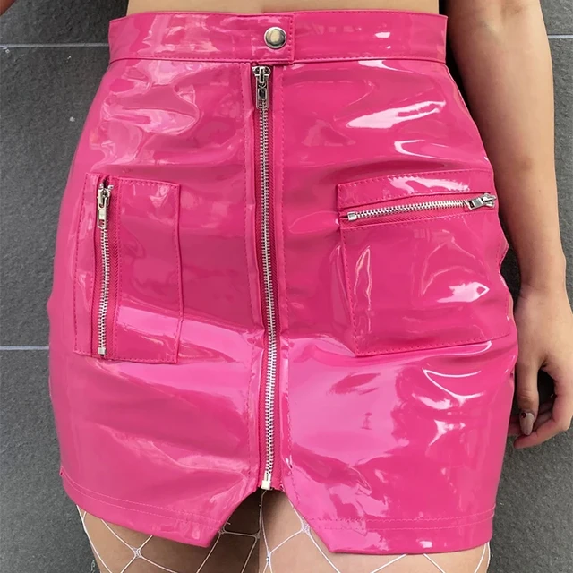 Women s Shiny Patent Leather Short Mini Skirt Zipper Split Faux Latex Sexy Pink Black PVC Nightclub New AliExpress