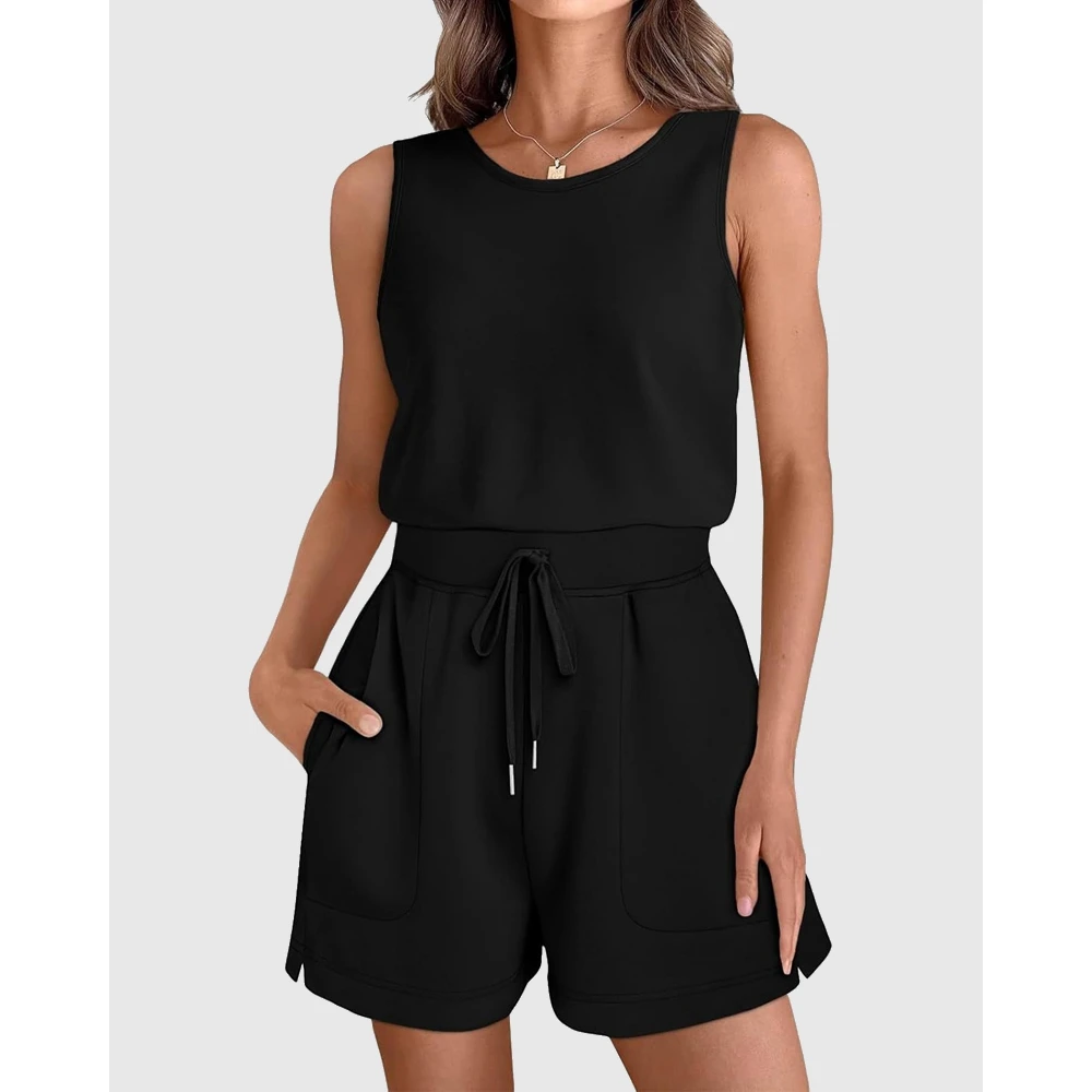 

Summer Women Fashion Solid Drawstring Slim Waist Casual Shorts Playsuit Round Neck Sleeveless Romper Femme Jumpsuit Outfits