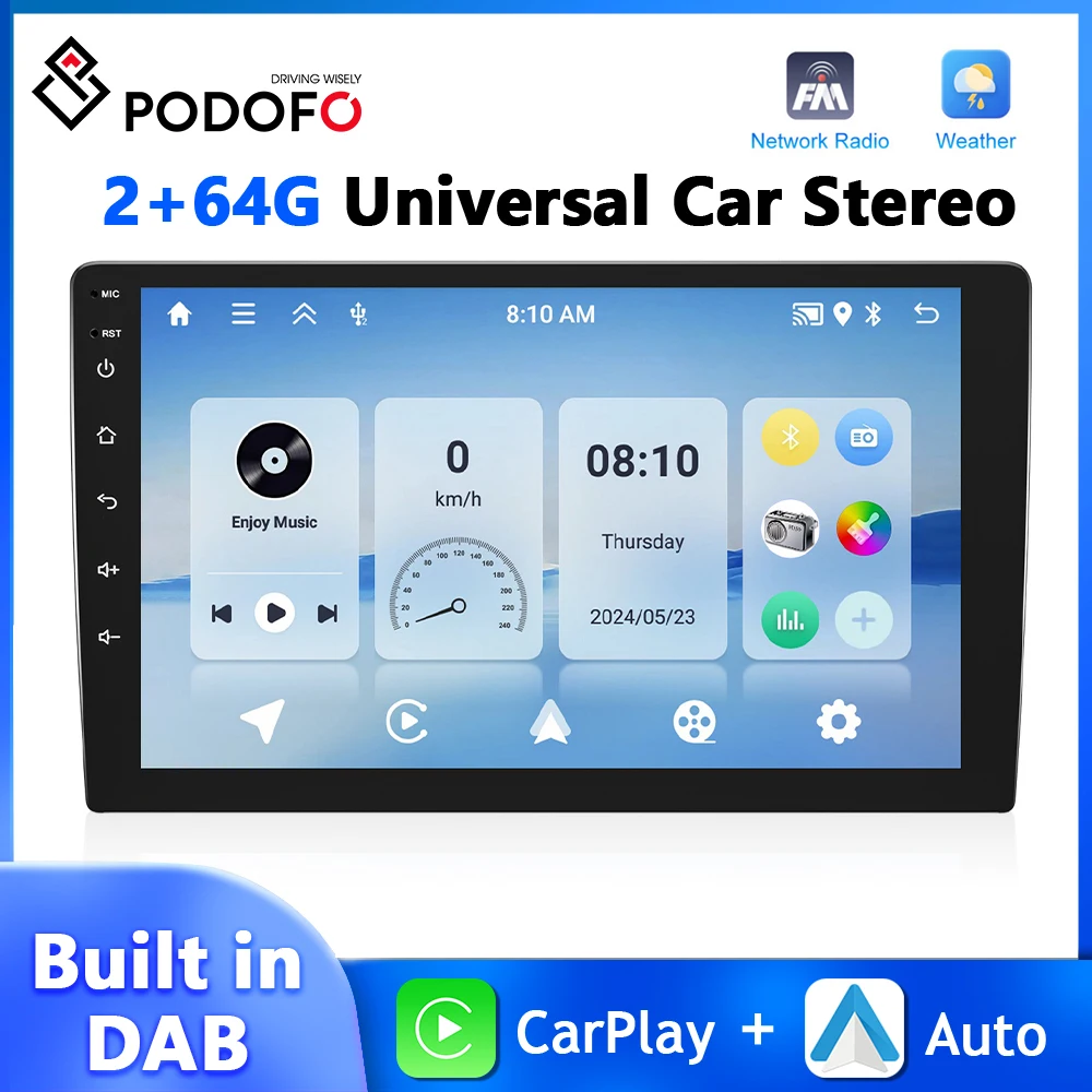 Podofo 9'' 4Core Car Radio 2+64G DAB+ Multimedia Player Carplay Android Auto GPS Navigation WIFI IPS Touch Screen 2Din Car Audio