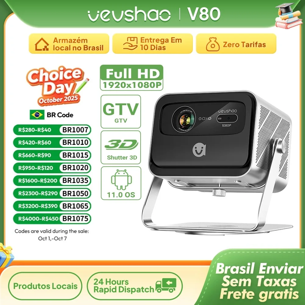 Vevshao v80 4k projetor completo hd1080p 2200 ânis lumens android 11.0 wifi 6 projetores de cinema em casa de vídeo com suporte base