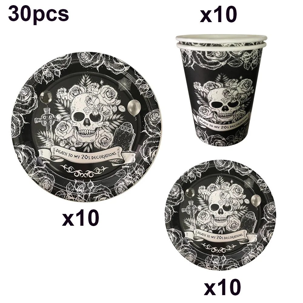 30Pcs 30th Birthday Party Supplies Tableware Death To My Twenties Paper Plates Napkins Black Rip To My 20s Decorations