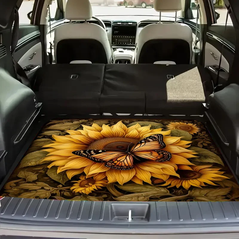 Sunflower Butterfly Print Car Trunk Mat - Soft, Durable, Non-Slip, Machine Washable SUV And Car Cargo Liner, Easy-to-Clean Inter